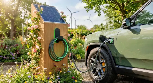 Electric car charging from a solar-powered charger with wind turbines in the background